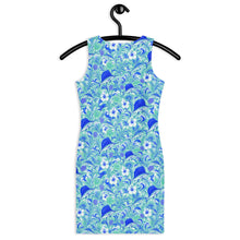 Load image into Gallery viewer, Women’s dress in blue tropical sportfish print with sailfish, mahi, hibiscus flowers, and flowing wave pattern
Coastal print dress featuring sailfish, mahi mahi, tropical florals, and blue ocean wave artwork